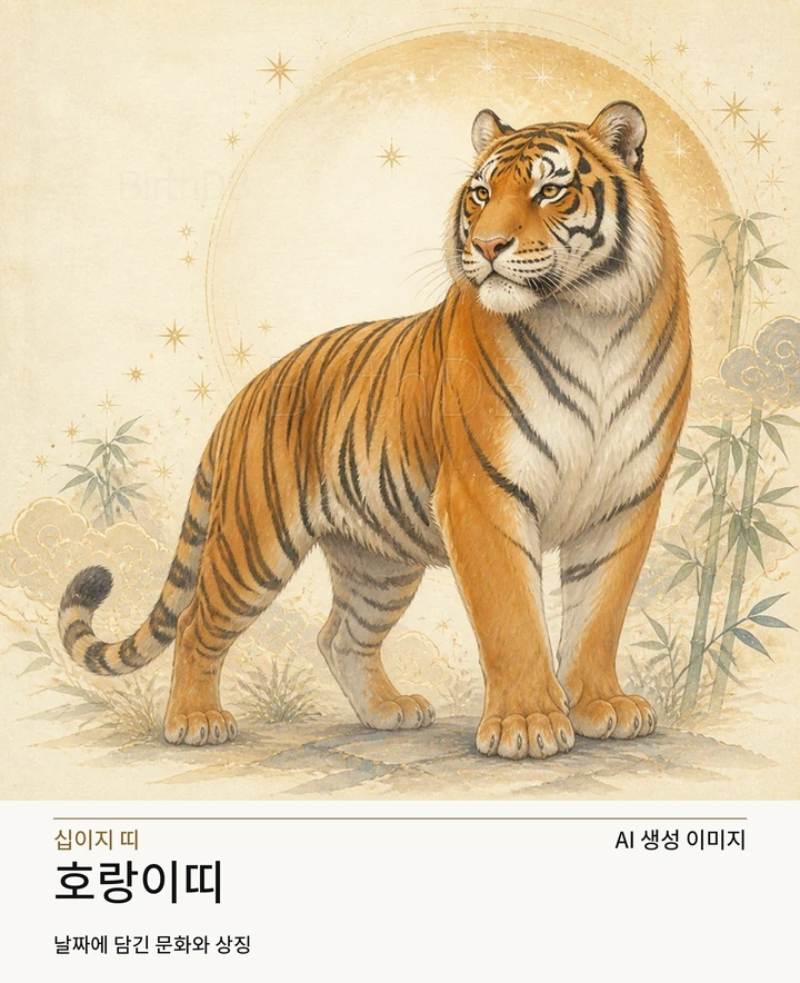 별빛 후광과 장식이 어우러진 호랑이띠 동화풍 수호동물 상징 일러스트레이션 · AI 생성 이미지