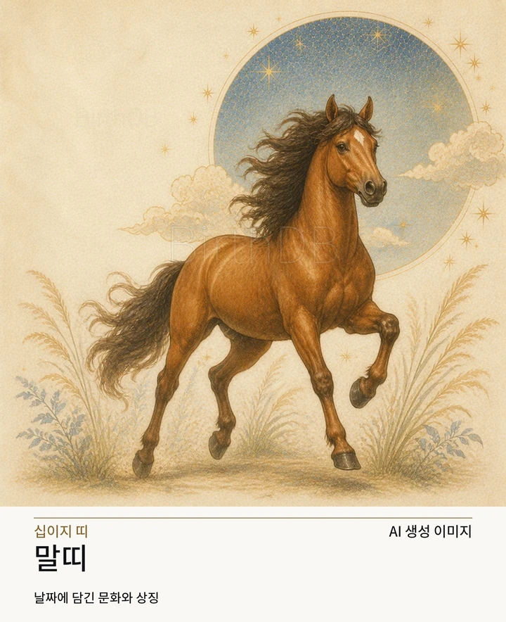 별빛 후광과 장식이 어우러진 말띠 동화풍 수호동물 상징 일러스트레이션 · AI 생성 이미지