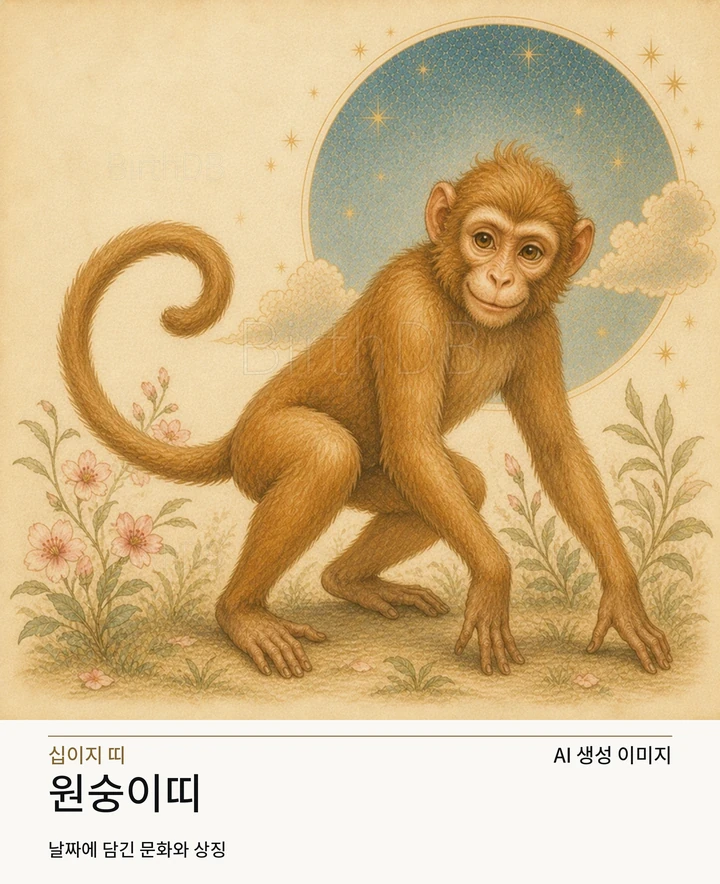 별빛 후광과 장식이 어우러진 원숭이띠 동화풍 수호동물 상징 일러스트레이션 · AI 생성 이미지