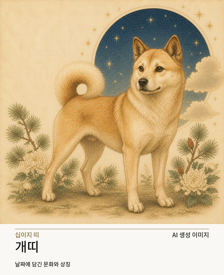 별빛 후광과 장식이 어우러진 개띠 동화풍 수호동물 상징 일러스트레이션 · AI 생성 이미지