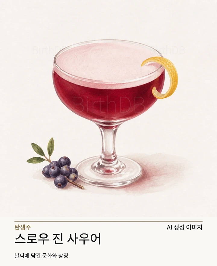 밝은 중성 배경에 중앙 배치된 스로우 진 사우어 칵테일 글래스 일러스트레이션 · AI 생성 이미지