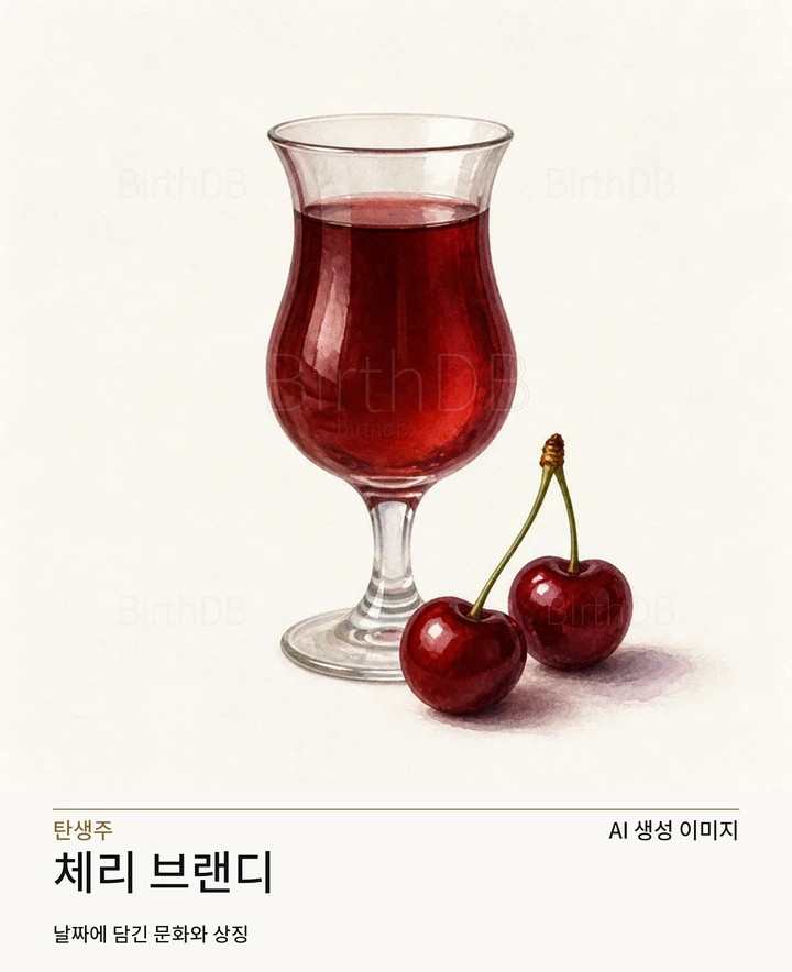 밝은 중성 배경에 중앙 배치된 체리 브랜디 칵테일 글래스 일러스트레이션 · AI 생성 이미지