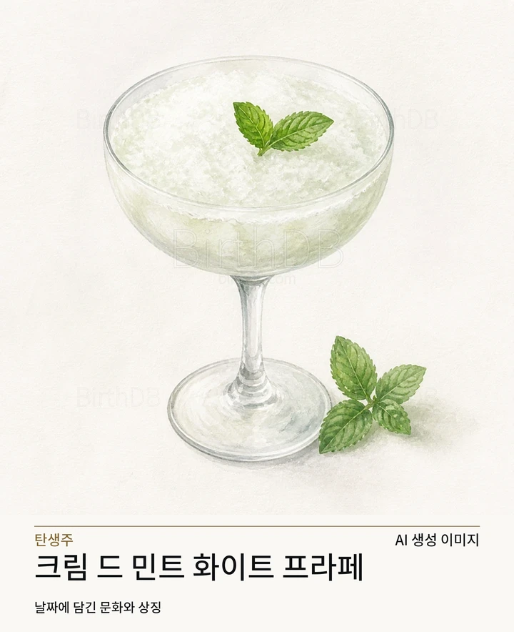 밝은 중성 배경에 중앙 배치된 크림 드 민트 화이트 프라페 칵테일 글래스 일러스트레이션 · AI 생성 이미지
