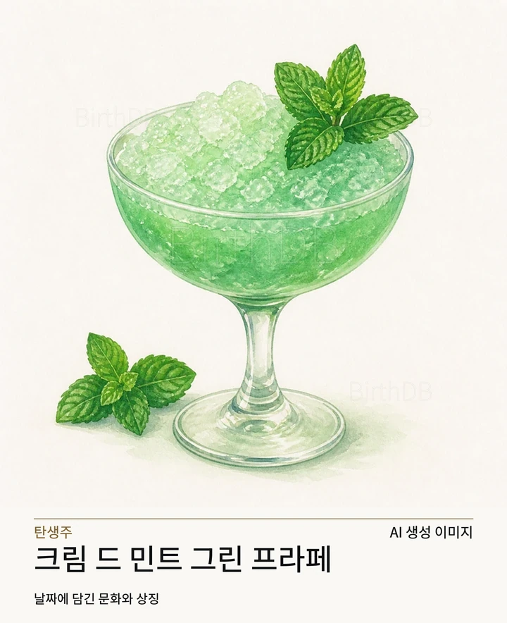 밝은 중성 배경에 중앙 배치된 크림 드 민트 그린 프라페 칵테일 글래스 일러스트레이션 · AI 생성 이미지