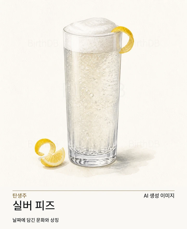 밝은 중성 배경에 중앙 배치된 실버 피즈 칵테일 글래스 일러스트레이션 · AI 생성 이미지