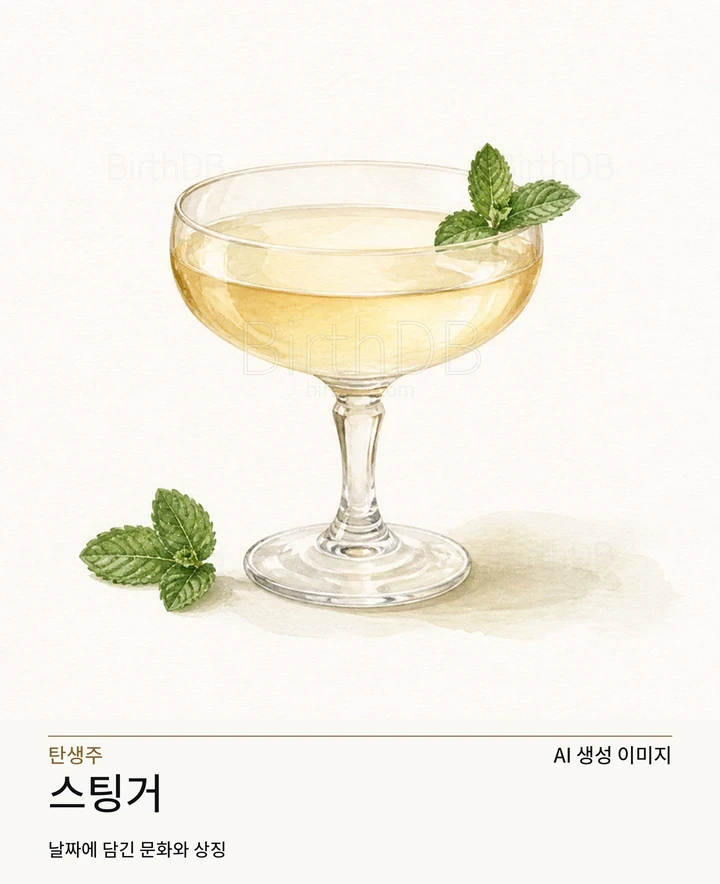 밝은 중성 배경에 중앙 배치된 스팅거 칵테일 글래스 일러스트레이션 · AI 생성 이미지