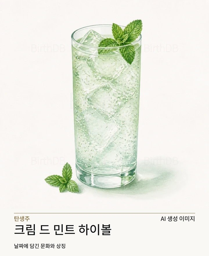 밝은 중성 배경에 중앙 배치된 크림 드 민트 하이볼 칵테일 글래스 일러스트레이션 · AI 생성 이미지