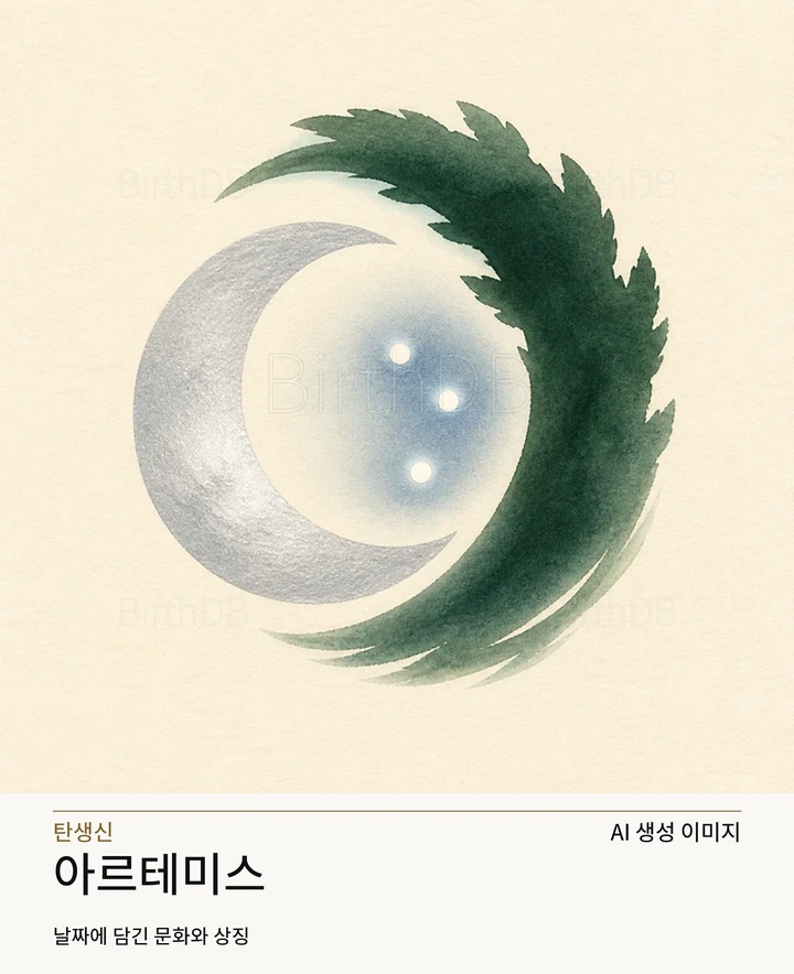 밝은 중성 배경에 중앙 배치된 아르테미스 추상 상징 모티프 일러스트레이션 · AI 생성 이미지