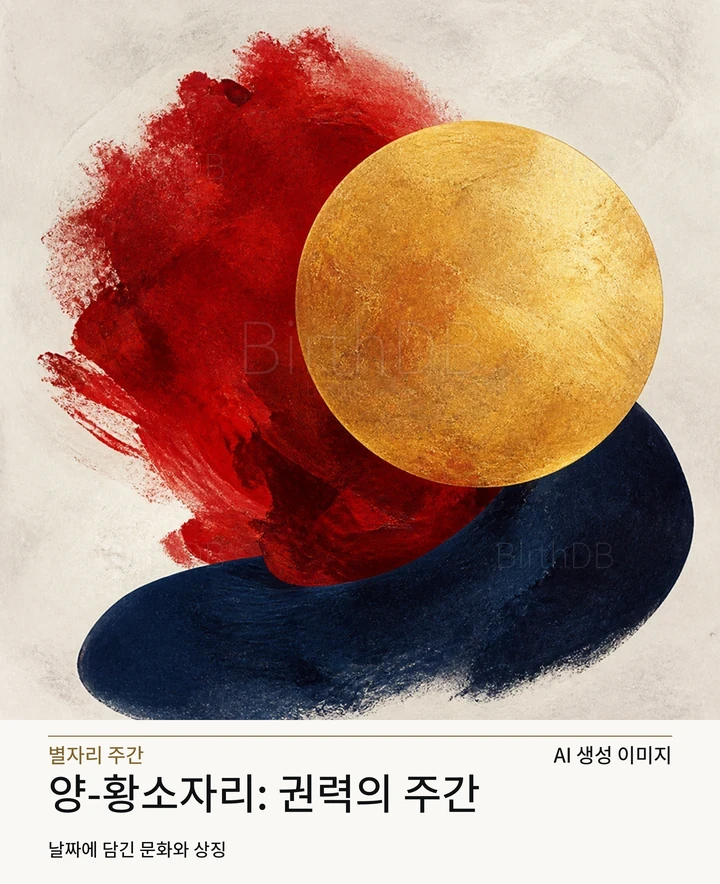 붉고 짙은 파랑의 힘이 금빛 구체를 떠받치는 구성 · AI 생성 이미지
